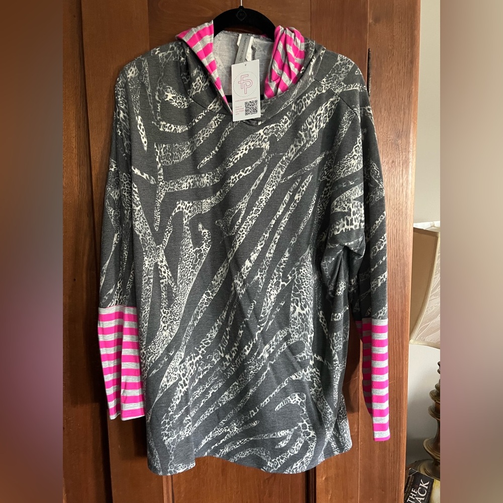 Patterned Gray and Pink Hoodie